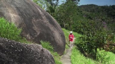 Genç kız tropikal park üzerinden yürür ve güzellik doğa stok görüntüleri video çekiyor
