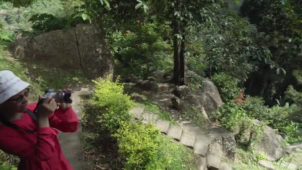 Young girl walks through tropical park and takes pictures of the beauty of nature stock footage video — Stock Video