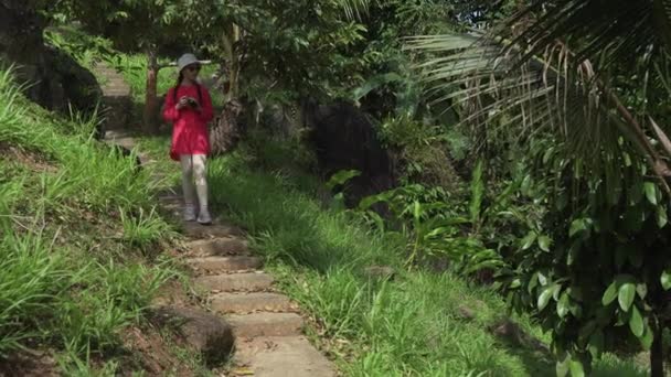 Jovem caminha pelo parque tropical e tira fotos da beleza da natureza imagens de vídeo — Vídeo de Stock