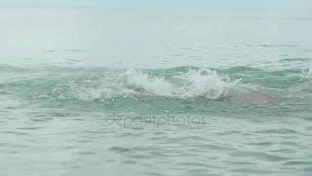 Junges Mädchen mit Sportbrille schwimmt im Meer — Stockvideo