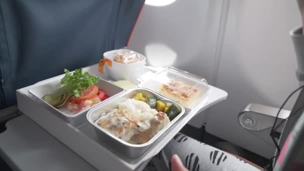 Läcker och varierad middag ombord Aeroflot ryska flygbolag arkivfilmer video — Stockvideo
