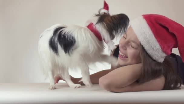 Όμορφο κορίτσι και σκυλί Papillon σπανιέλ παιχνιδιών Continental στα καλύμματα Santa Claus χαρωπά φιλιά και χαζεύεις στο λευκό φόντο αργής κίνησης στοκ πλάνα βίντεο — Αρχείο Βίντεο