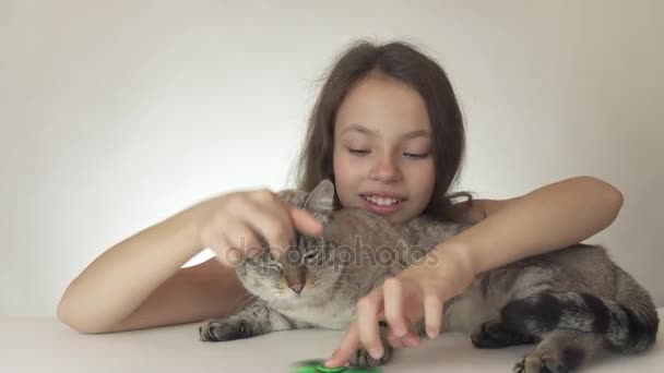 Bela menina adolescente alegre com um gato brincando com fidget spinner verde no fundo branco imagens de vídeo — Vídeo de Stock