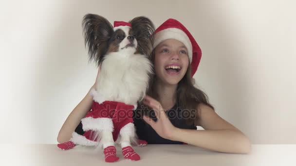Bella ragazza adolescente e cane giocattolo continentale Spaniel Papillon in costumi di Babbo Natale gioiosamente guardarsi intorno e ridere su sfondo bianco stock filmato video . — Video Stock