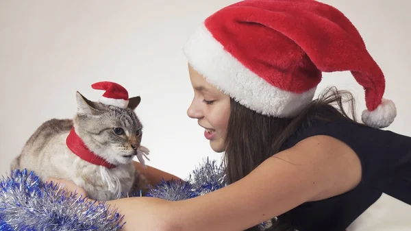 Menina adolescente bonita e seu gato em bonés de Papai Noel alegremente abraçando no fundo branco — Fotografia de Stock