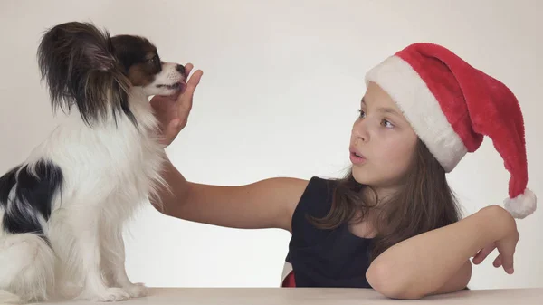 Vacker tonårsflicka i jultomten hatt glatt kommunicerar känslomässigt med sin hund på vit bakgrund — Stockfoto