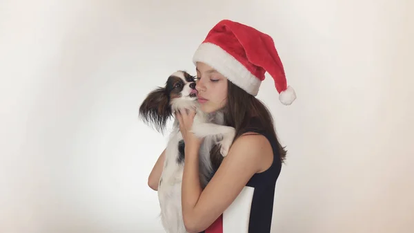 Hermosa chica adolescente en una gorra de Santa Claus y perro Continental Toy Spaniel Papillon alegremente besando y tonteando sobre fondo blanco —  Fotos de Stock