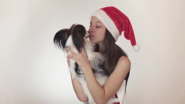サンタ クロースの帽子と大陸犬グッズ ・ スパニエル パピヨン嬉しそうにキスをし浮気ホワイト バック グラウンド映像ビデオ美しい十代の少女. — ストック動画