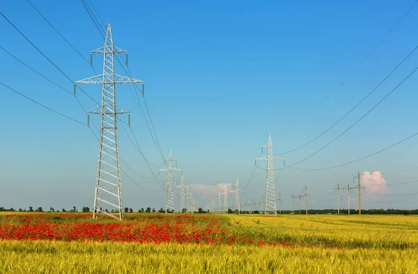 クリミア自治共和国の分野で高圧送電線 — ストック写真