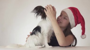 Noel Baba şapkalı güzel mutlu genç kız şaşırır ve uzun zamandır beklenen Hediyelik - beyaz arka plan stok görüntüleri video üstünde Continental oyuncak İspanyol Papillon köpek sever