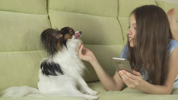 Beautiful happy teenage girl communicating in smartphone and with her dog — Stock Photo, Image