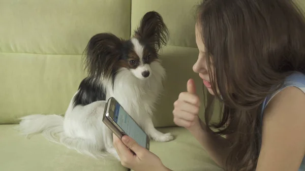 Beautiful happy teenage girl communicating in smartphone and with her dog — Stock Photo, Image