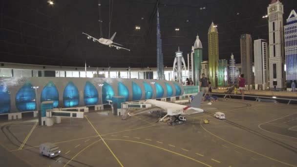 Exhibition of mock-ups Airport of Dubai made of Lego pieces in Miniland Legoland at Dubai Parks and Resorts stock footage video — Stock Video