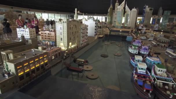 Exhibition of mock-ups Deira and Dubai Creek made of Lego pieces in Miniland Legoland at Dubai Parks and Resorts stock footage video — Stock Video