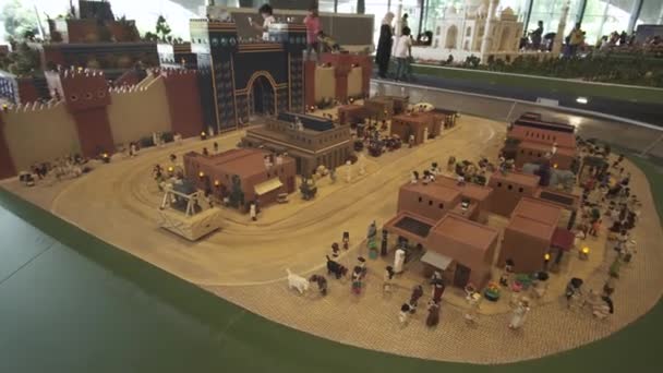 Exhibition of mock-ups of the most famous landmarks made of Lego pieces in Miniland Legoland at Dubai Parks and Resorts stock footage video — Stock Video