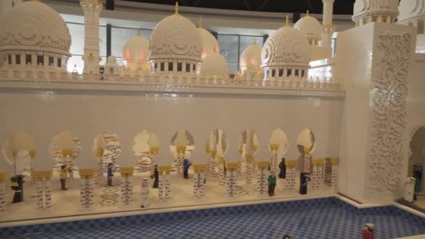 Exhibition of mock-ups Sheikh Zayed Grand Mosque made of Lego pieces in Miniland Legoland at Dubai Parks and Resorts stock footage video — Stock Video