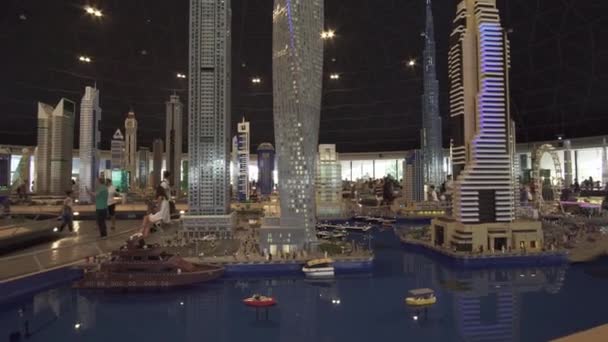 Exhibition of mock-ups Dubai Marina made of Lego pieces in Miniland Legoland at Dubai Parks and Resorts stock footage video — Stock Video