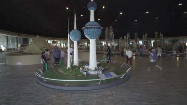 Exhibition of mock-ups Kuwait Towers made of Lego pieces in Miniland Legoland at Dubai Parks and Resorts stock footage video — Stock Video