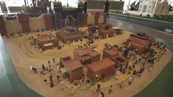 Exhibition of mock-ups of the most famous landmarks made of Lego pieces in Miniland Legoland at Dubai Parks and Resorts stock footage video — Stock Video