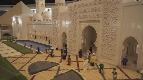 Exhibition of mock-ups Sheikh Zayed Grand Mosque made of Lego pieces in Miniland Legoland at Dubai Parks and Resorts stock footage video — Stock Video