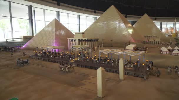 Exhibition of mock-ups of Egypt made of Lego pieces in Miniland Legoland at Dubai Parks and Resorts stock footage video — Stock Video