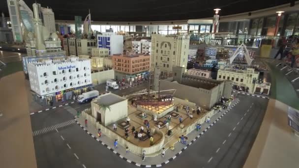 Exhibition of mock-ups Deira made of Lego pieces in Miniland Legoland at Dubai Parks and Resorts stock footage video — Stock Video