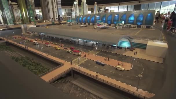 Exhibition of mock-ups Airport of Dubai made of Lego pieces in Miniland Legoland at Dubai Parks and Resorts stock footage video — Stock Video