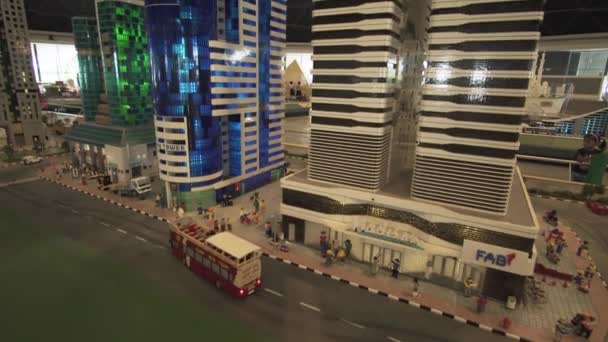 Exhibition of mock-ups Dubai skyscrapers made of Lego pieces in Miniland Legoland at Dubai Parks and Resorts stock footage video — Stock Video