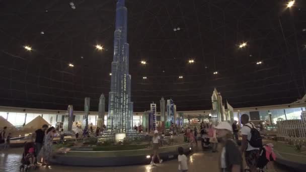Exhibition of mock-ups Burj Khalifa made of Lego pieces in Miniland Legoland at Dubai Parks and Resorts stock footage video — Stock Video