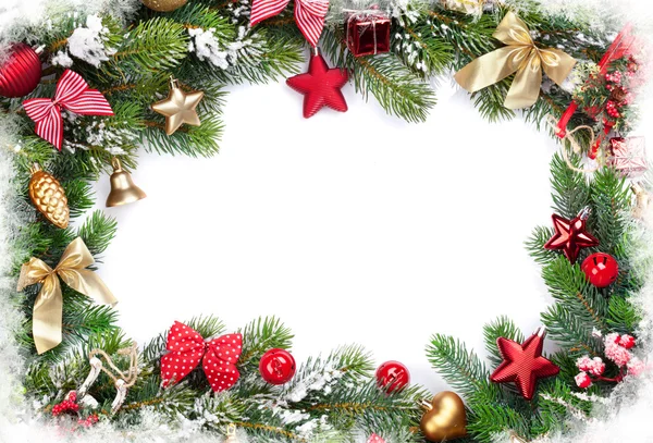 Frame with fir tree and christmas baubles — ストック写真