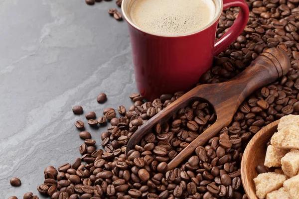 Xícara de café, feijão e açúcar mascavo — Fotografia de Stock