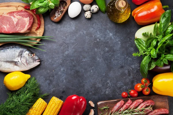 Vegetables, fish and meat cooking — Stock Photo, Image