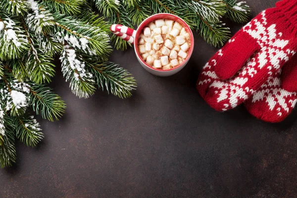 Çam ağacı, mittens ve sıcak çikolata — Stok fotoğraf
