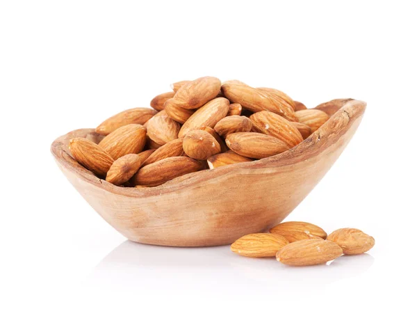 Almond nuts in wooden bowl — Stock Photo, Image