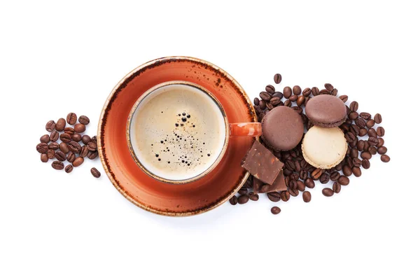 Kaffekopp, choklad och mandelbiskvier — Stockfoto