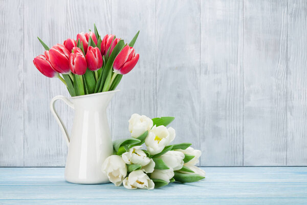 Red and white tulips bouquets