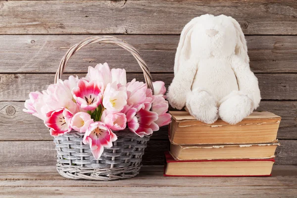Pink tulips and rabbit toy — Stock Photo, Image