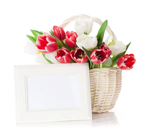 Colorful tulips and photo frame — Stock Photo, Image