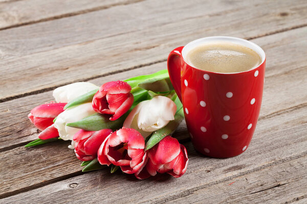tulips bouquet and coffee cup