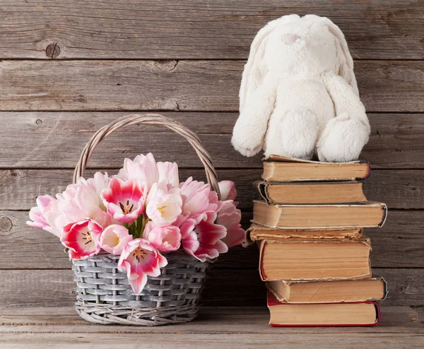 Pink tulips and rabbit toy — Stock Photo, Image