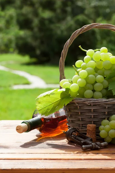 Uva branca e garrafa de vinho — Fotografia de Stock