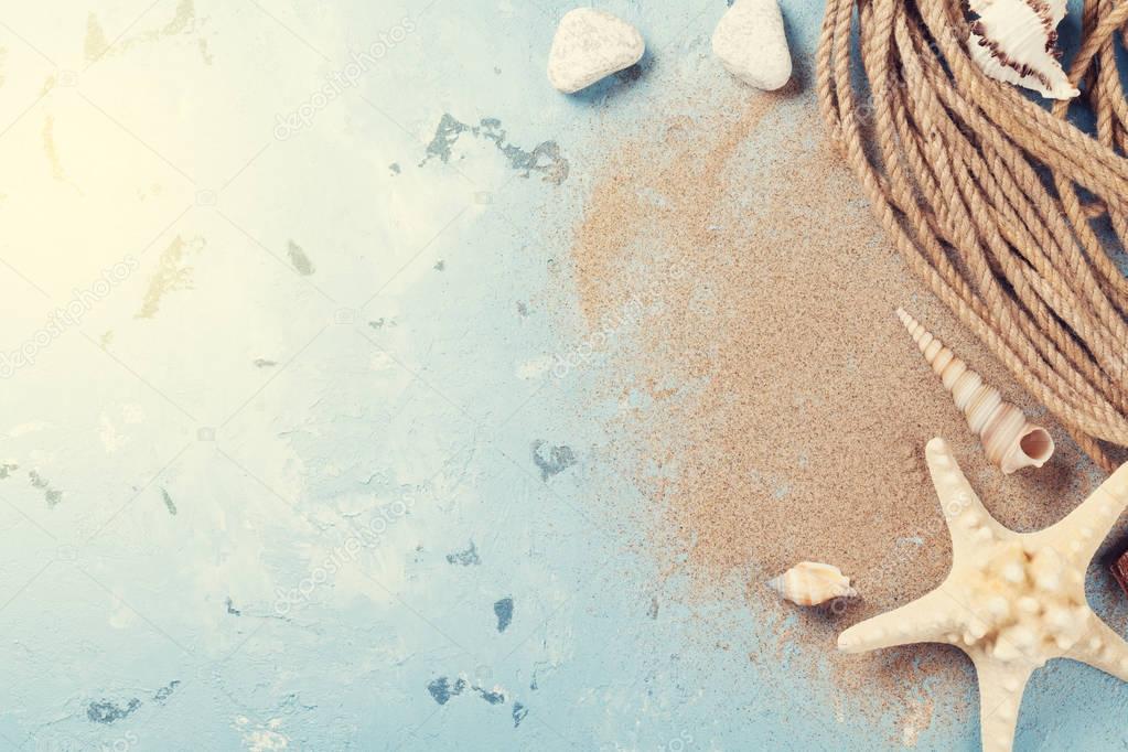 Seashells and starfish on blue background