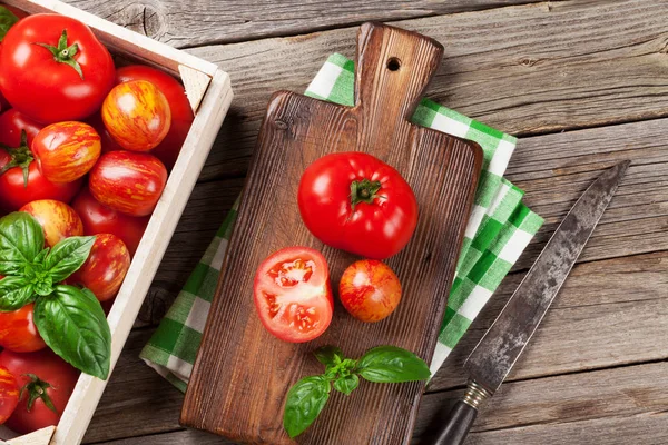 Tomatoes and basil leaves — Stock Photo, Image