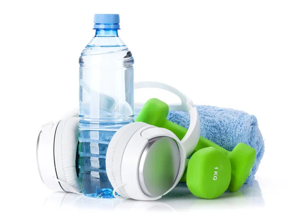 Dumbbells, headphones, bottle and towel — Stock Photo, Image