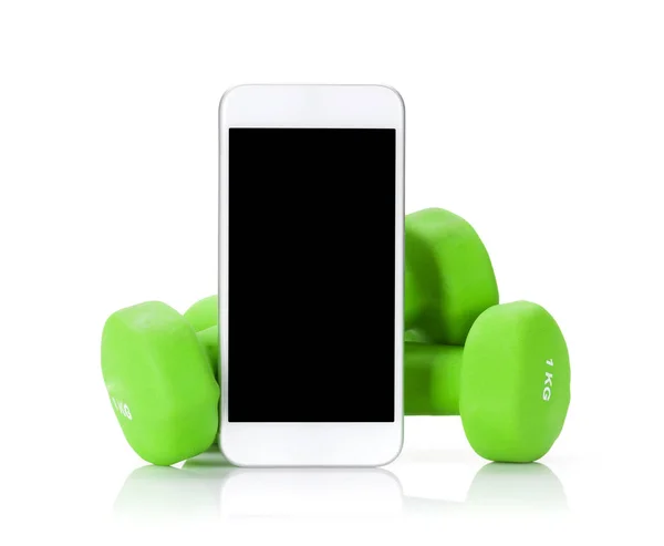 Green dumbbells dan smartphone — Stok Foto