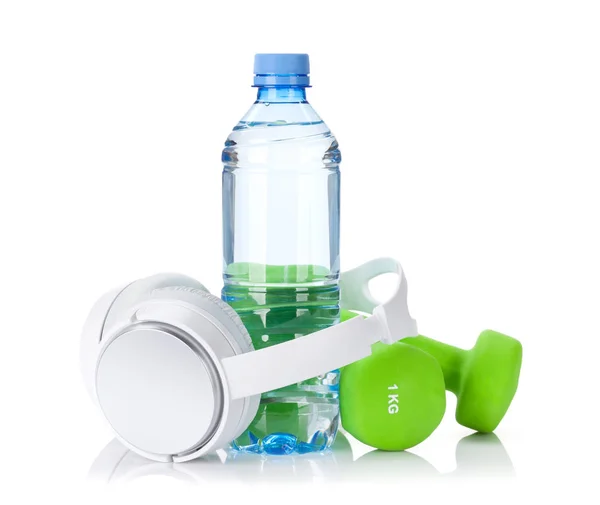 Dumbbells, headphones, water bottle — Stock Photo, Image