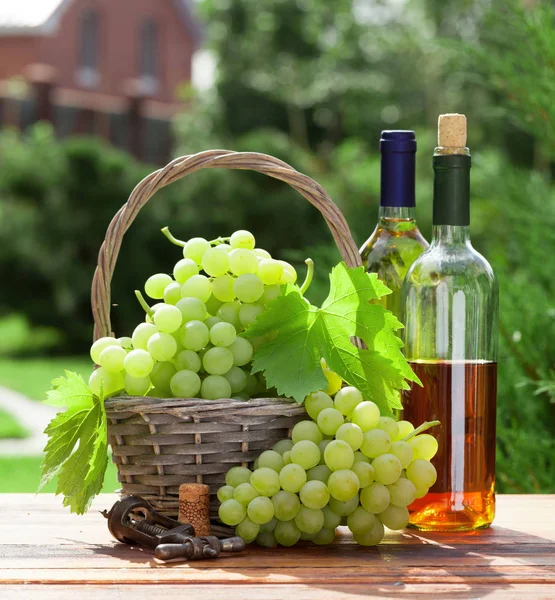 Uva branca e garrafas de vinho — Fotografia de Stock