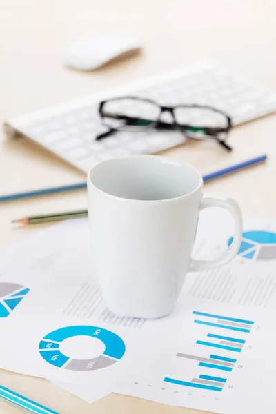 Workplace with supplies and reports — Stock Photo, Image