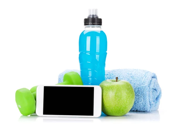 Dumbbells, smartphone, bottle, towel and apple — Stock Photo, Image