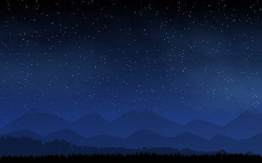 Dağlar ve gece gökyüzü ile orman